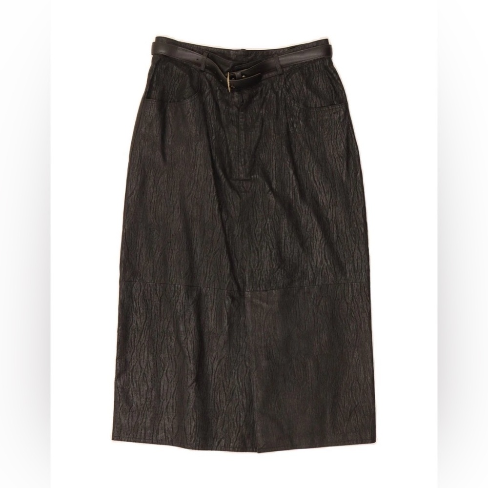 Vintage Black Genuine Leather Pencil Skirt Midi W28 Textured with Belt